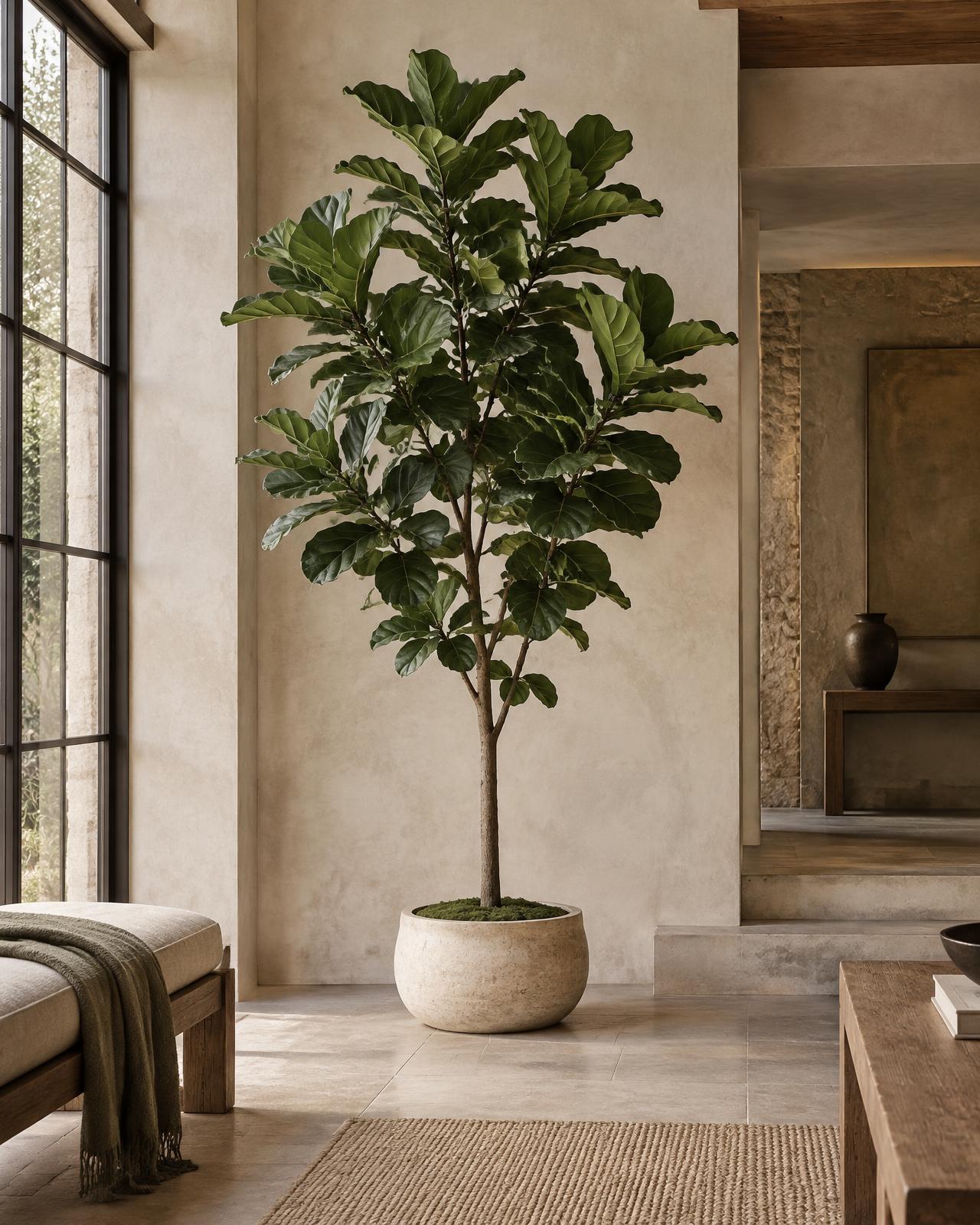 Artificial fiddle-leaf fig tree in an earthy plaster interior