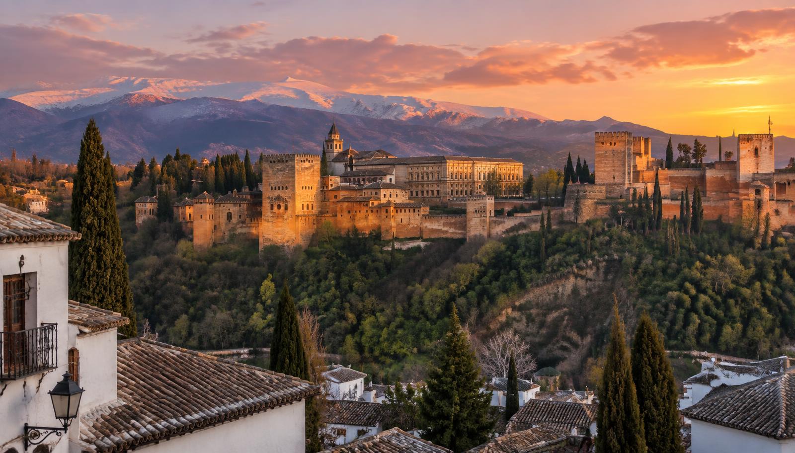 Ilustración de Granada (paisaje generado con IA) — no es una foto de un proyecto de Flower Fairy.