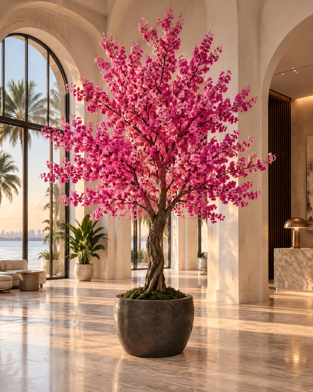 Hot-pink artificial cherry blossom tree in a luxury lobby