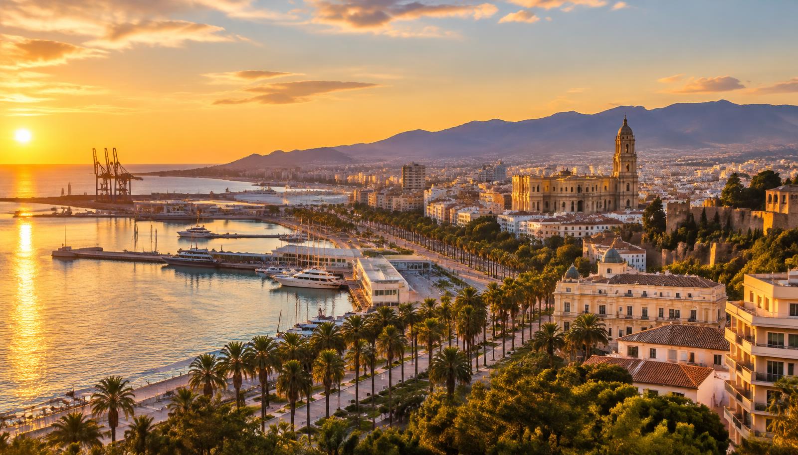 Ilustración de Málaga (paisaje generado con IA) — no es una foto de un proyecto de Flower Fairy.
