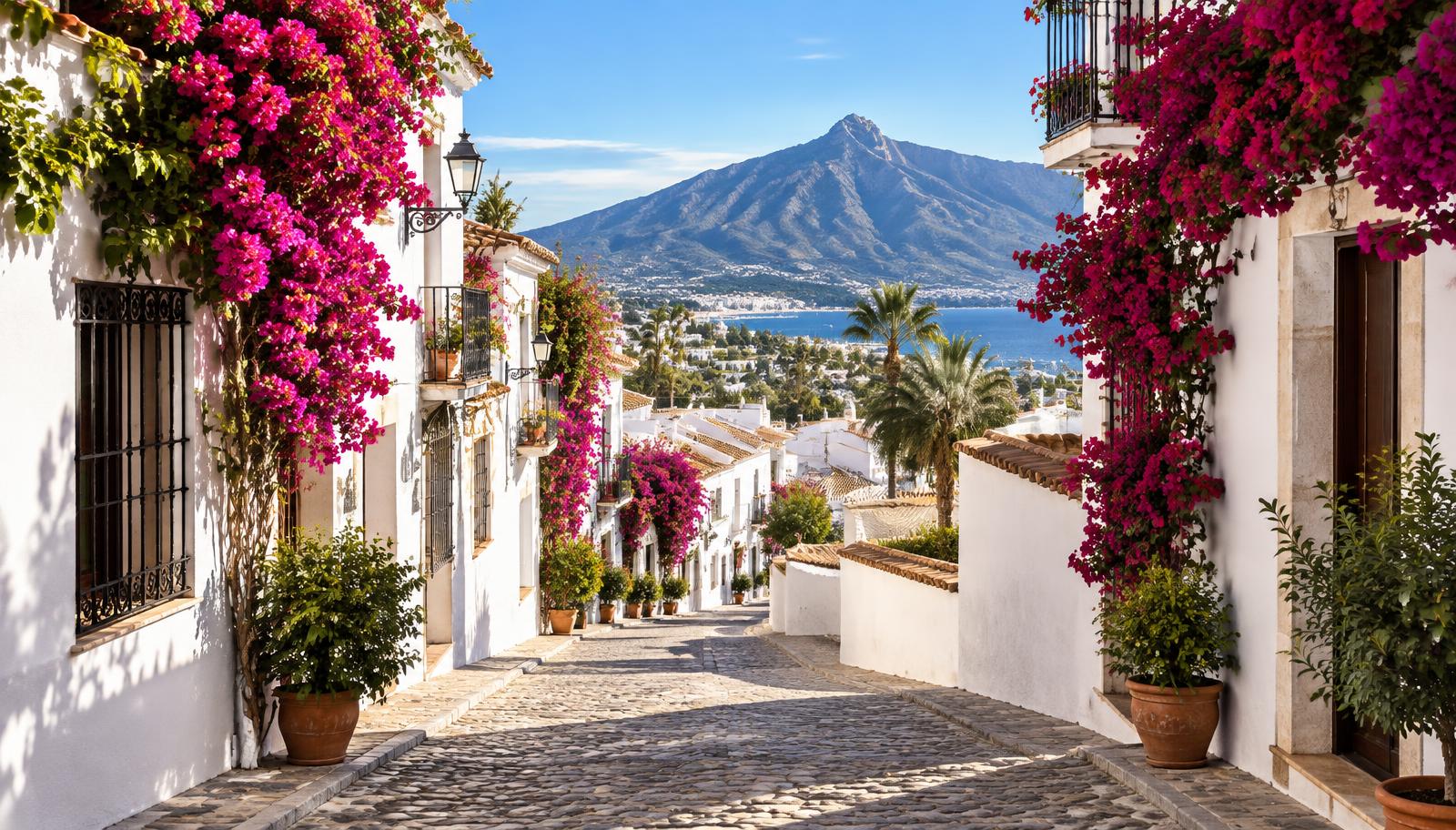 Ilustración de Marbella (paisaje generado con IA) — no es una foto de un proyecto de Flower Fairy.