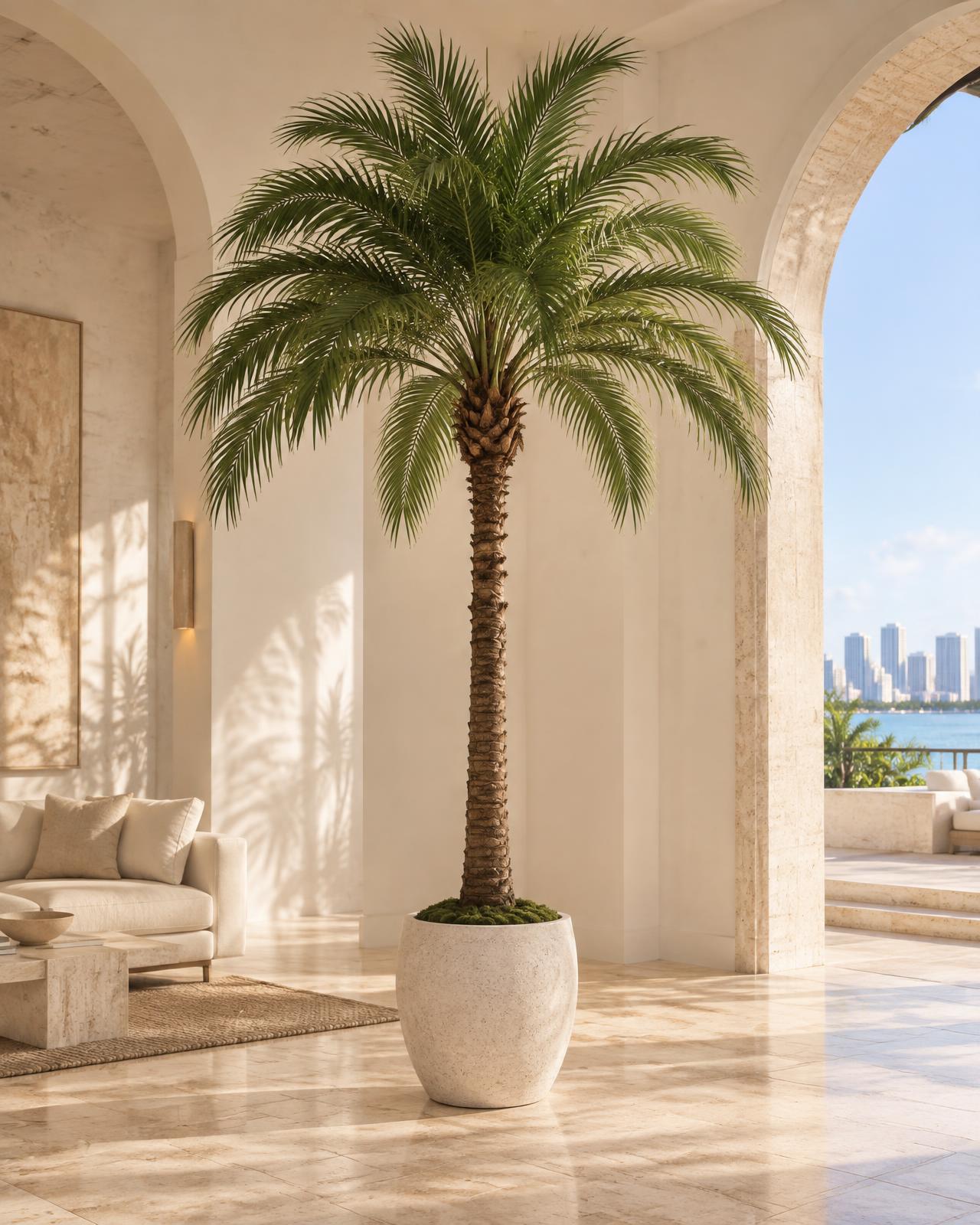 Artificial palm tree in a sunlit Miami hospitality interior