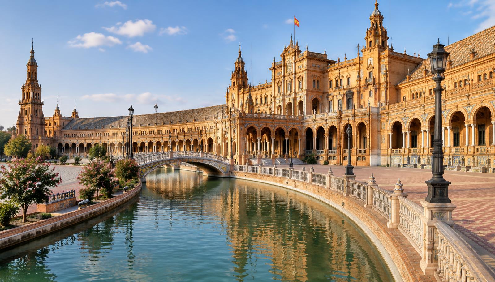 Ilustración de Sevilla (paisaje generado con IA) — no es una foto de un proyecto de Flower Fairy.