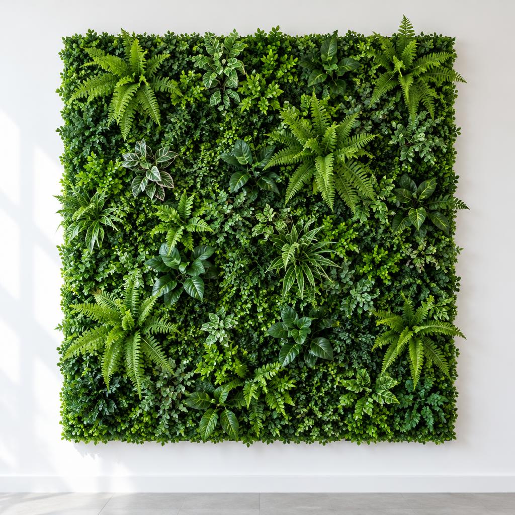 Referencia genérica generada con IA de un panel de jardín vertical artificial; no es un producto fotografiado de Flower Fairy