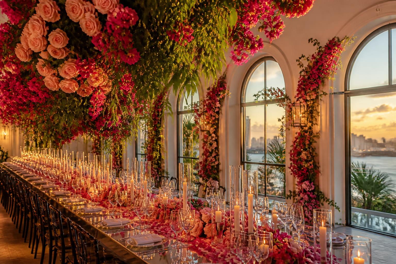 The same space transformed by a floral installation
