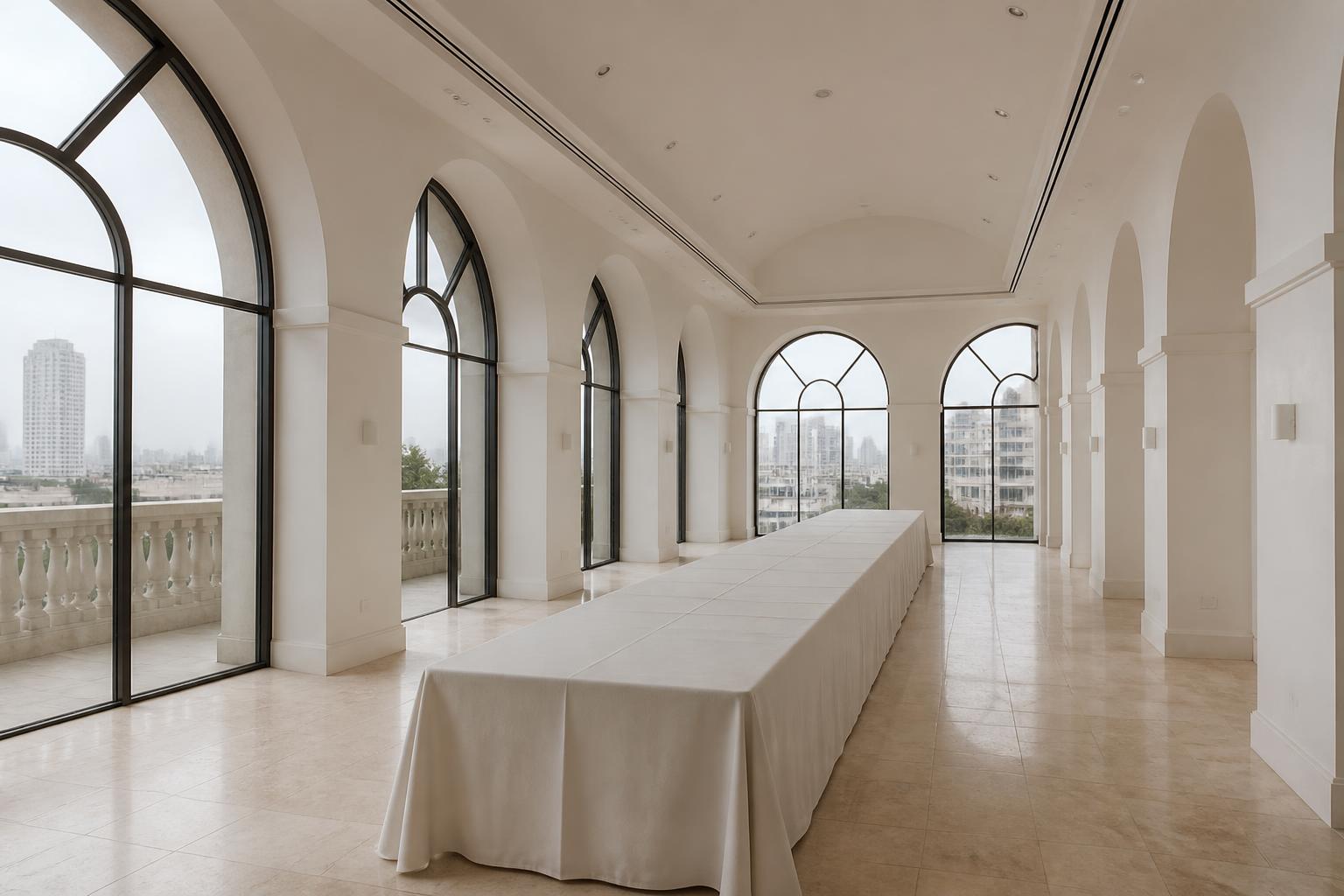 An empty event space before the floral installation