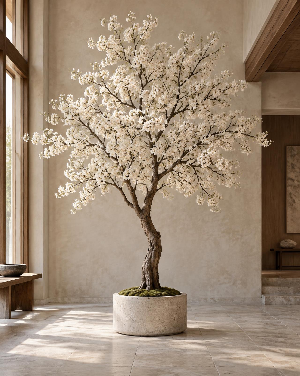 White artificial cherry blossom tree in a travertine planter