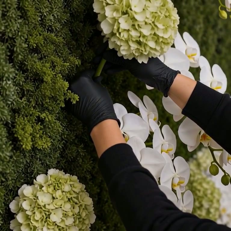 Close detail of white orchids and hydrangeas being placed in a floral wall